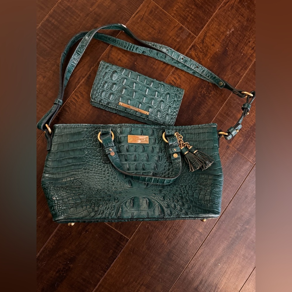 Brahmin Dark Green Crocodile-Embossed Shoulder Bag